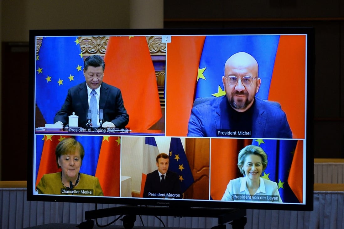 (Clockwise from top left) Chinese President Xi Jinping, European Council President Charles Michel, European Commission President Ursula von der Leyen, French President Emmanuel Macron and German Chancellor Angela Merkel take part in a videoconference on Wednesday. Photo: Reuters