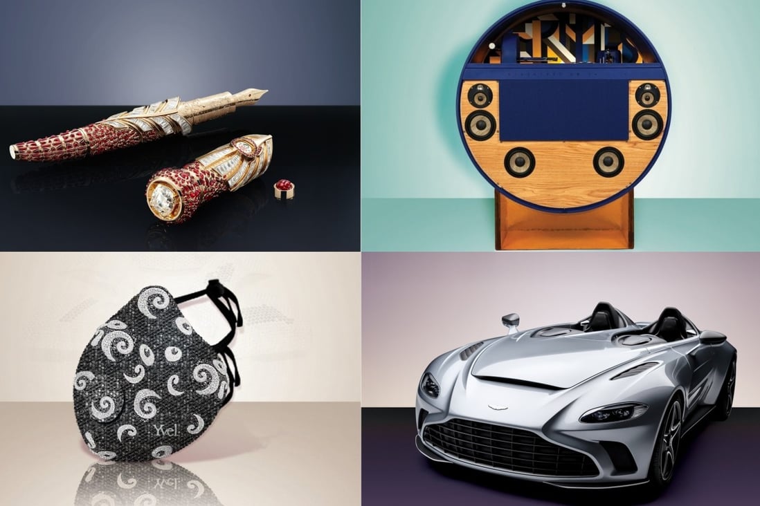 Clockwise from top left: Montblanc’s Insignia of Power pen; Hermès jukebox; Aston Martin’s V12 Speedster; diamond-encrusted face mask. Photos: Handouts
