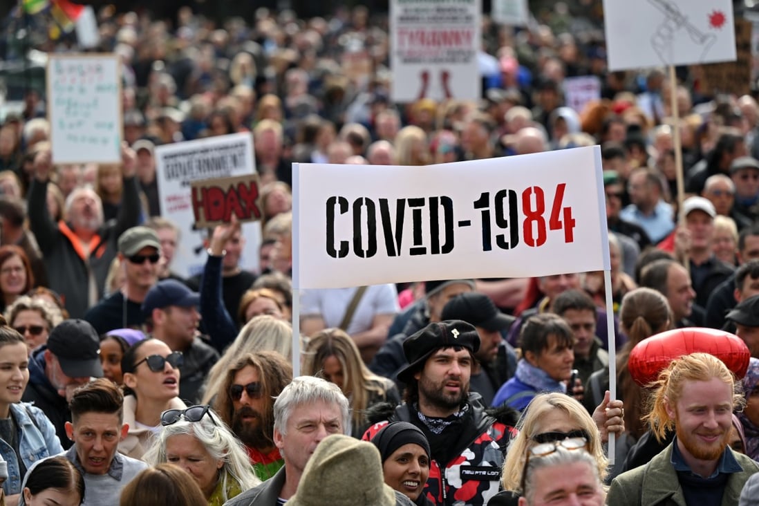 Protesters at a “We Do Not Consent!” rally in London in September against vaccination and government restrictions designed to fight the spread of the coronavirus. Photo: AFP