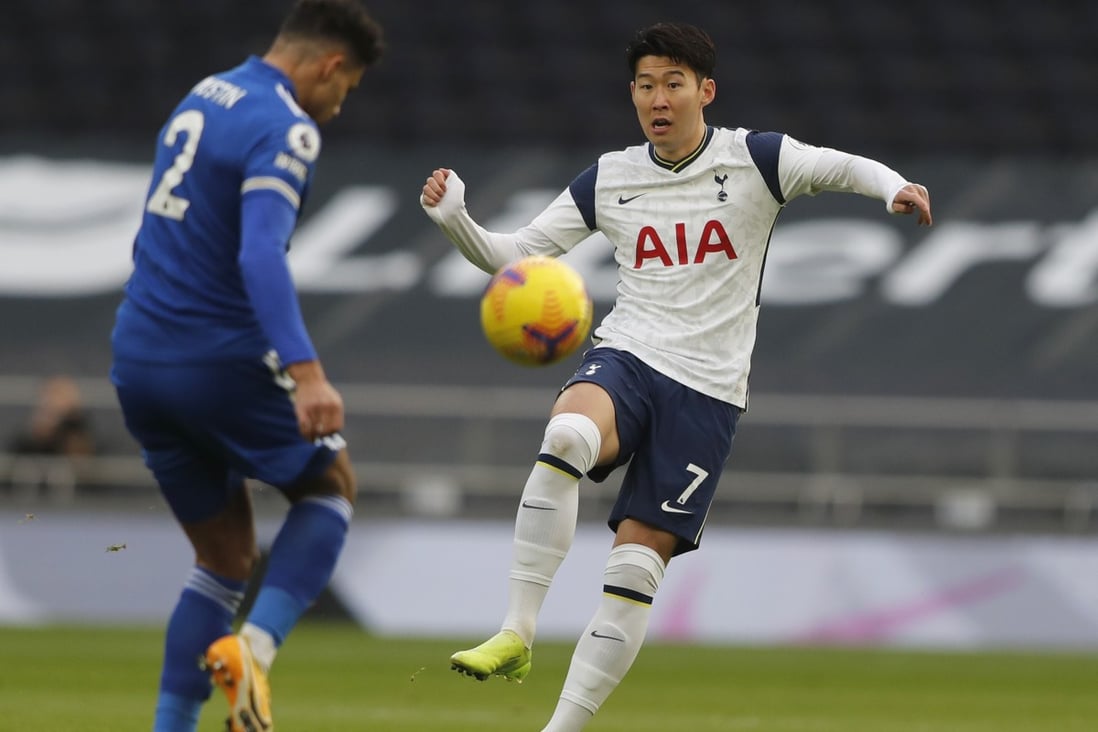 Tottenham's Son Heung-min, right vies for the ball with Leicester's James Justin during an English Premier League match. Photo: AP