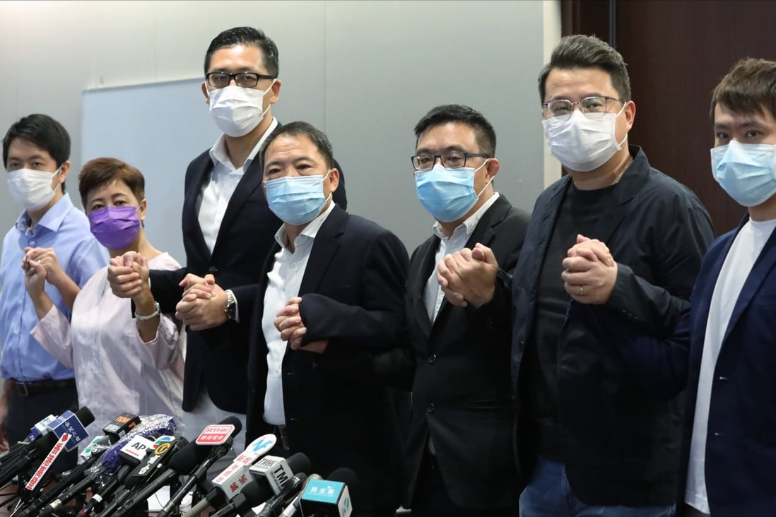 Democratic Party members (from left) Ted Hui Chi-fung, Helena Wong Pik-wan, Lam Cheuk-ting, Wu Chi-wai, James To Kun-sun, Andrew Wan Siu-kin and Kwong Chun-yu in August 2020. Photo: May Tse