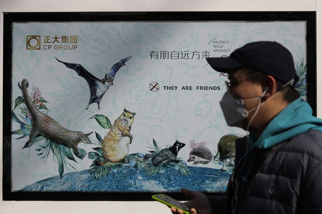 A man wearing a protective face mask walks by a poster promoting wildlife protection in Beijing on March 11 last year, after the authorities began to crack down on the sale of wild animals in wet markets. Photo: AP