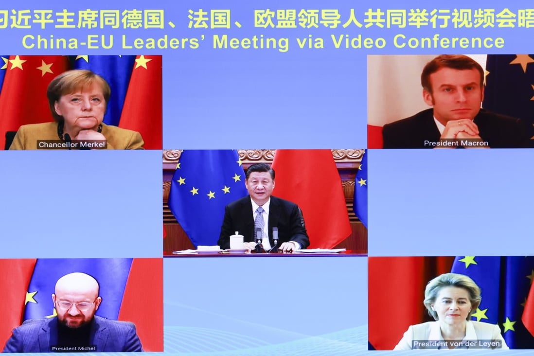 Chinese President Xi Jinping (centre) confers with (clockwise from top left) German Chancellor Angela Merkel, French President Emmanuel Macron, president of the European Commission Ursula von der Leyen and president of the European Council Charles Michel, via video link in Beijing on December 30. During the meeting, Xi and the European leaders announced that the two sides have completed investment agreement negotiations as scheduled. Photo: Xinhua