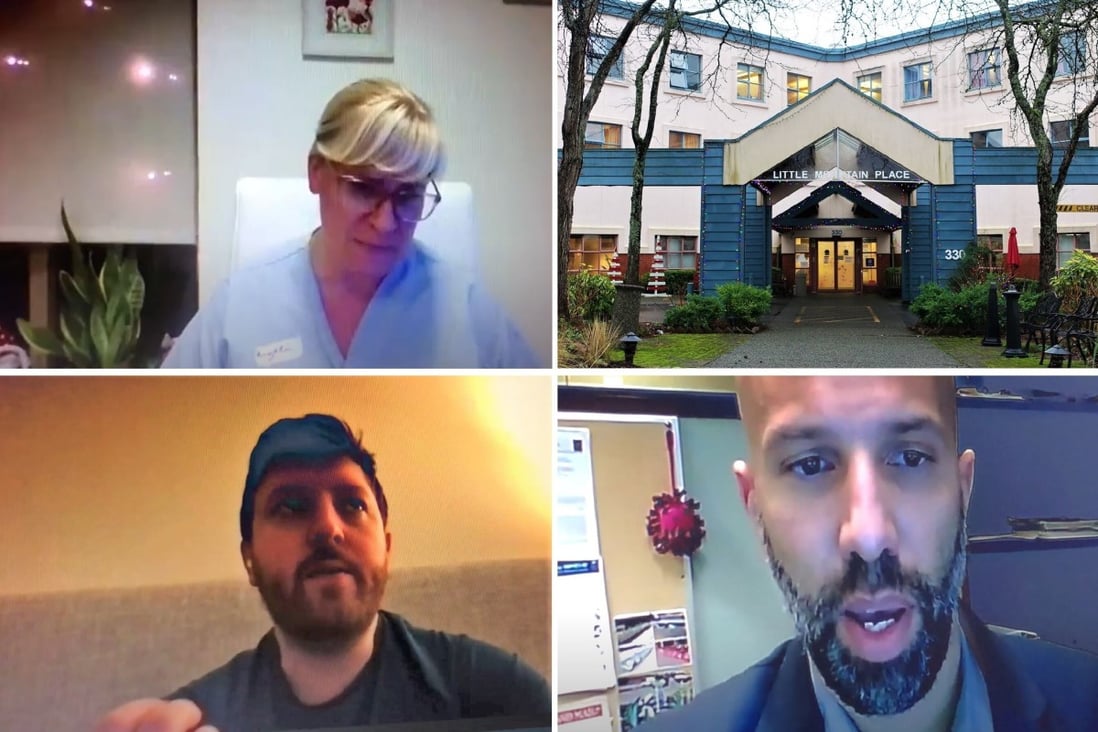 A combination of photos shows Little Mountain Place care home in Vancouver, with screenshots from leaked Zoom briefings attended by the home’s executive director Angela Millar (top left), and Vancouver Coastal Health officers Dr Andrew Hurlburt (bottom left) and Dr Michael Schwandt. Photos: SCMP and Ian Young