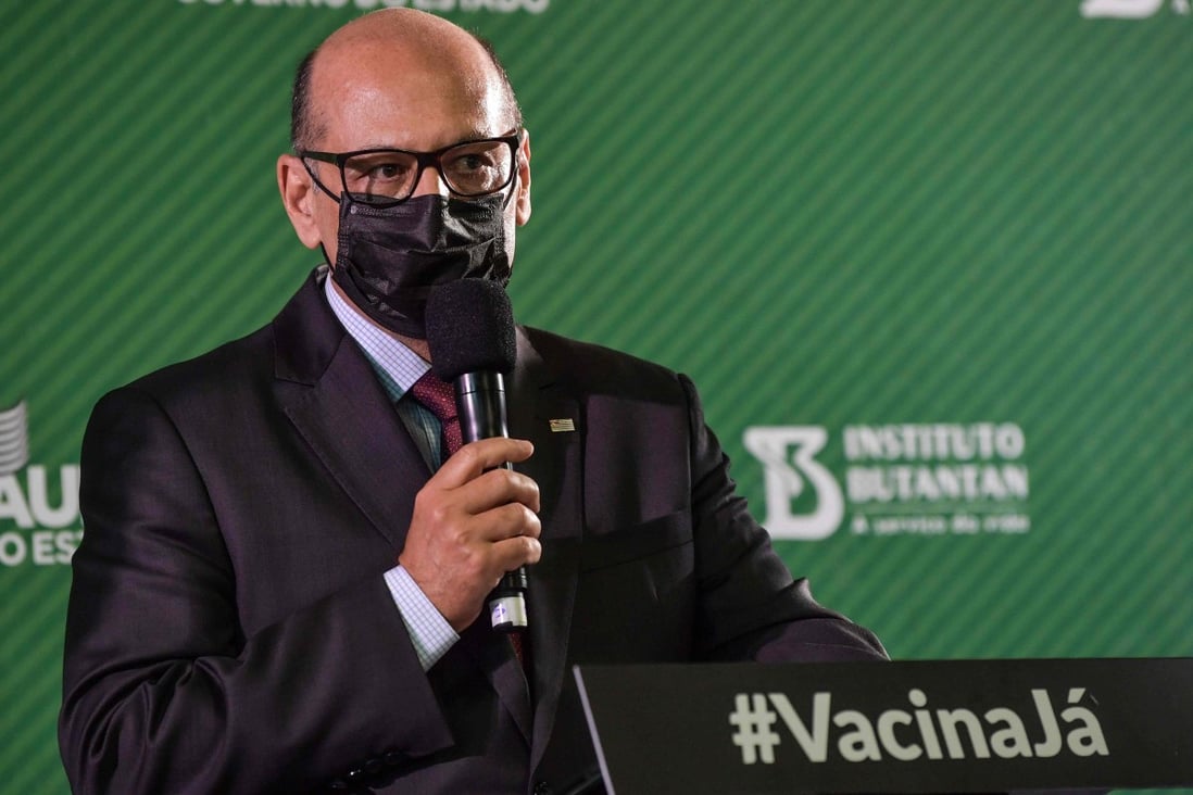 Butantan Institute director Dimas Covas at a news briefing in Sao Paulo, Brazil, on Thursday. The institute said it had requested emergency use approval for CoronaVac from the national health agency, Anvisa. Photo: AFP