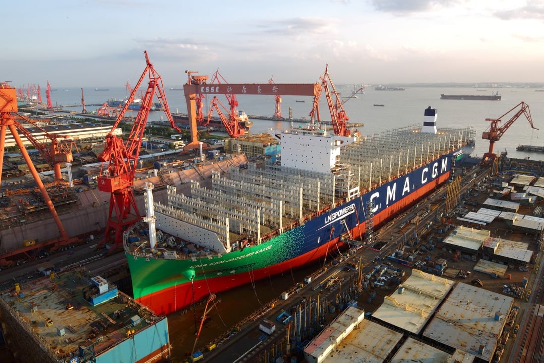 An undated photograph of the CMA-CGM Group's 23,000-TEU container ship Jacques Saade, which is powered by liquefied natural gas (LNG), at the Shanghai Jiangnan-Changxing Shipyard. Photo: Handout
