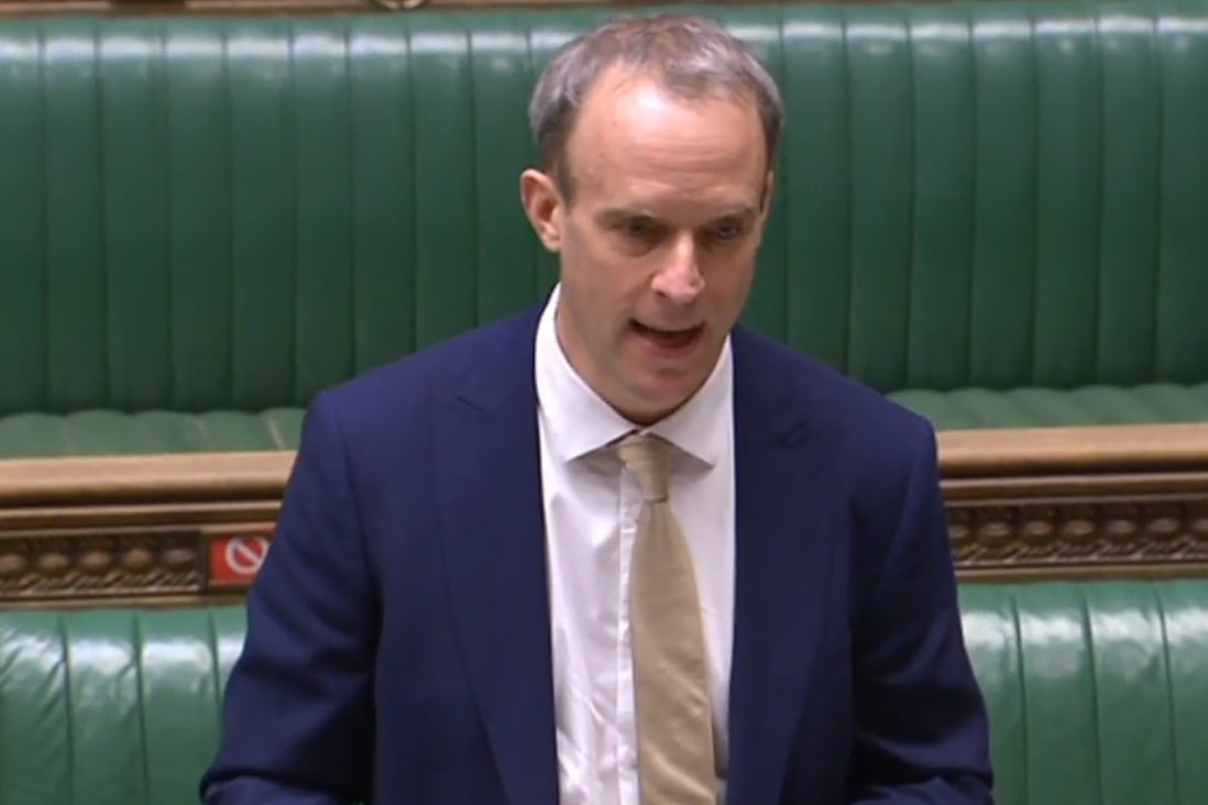 Britain's Foreign Secretary Dominic Raab discussing new trade measures in response to alleged Chinese human rights violations against its Uygur minority in a socially distanced session at the House of Commons in London on Tuesday. Photo: Parliamentary Recording Unit via AFP