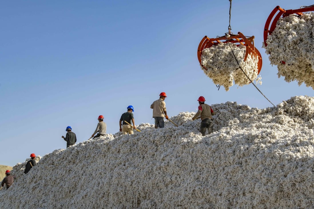 Workers pile cotton at a ginning plant in Xayar County in the Xinjiang Uygur autonomous region. The US banned all imports of cotton and tomato products originating in the region on Wednesday. Photo: Xinhua