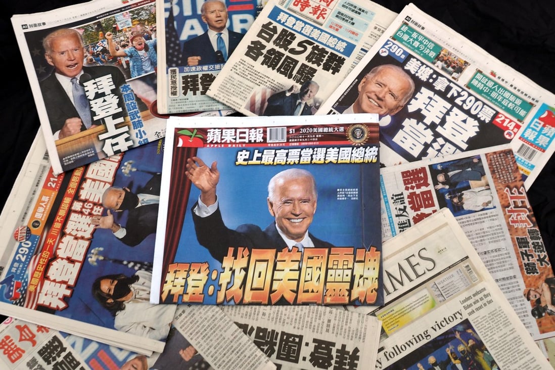 Taiwan newspapers report Joe Biden winning the US presidential election in November. Photo: EPA-EFE