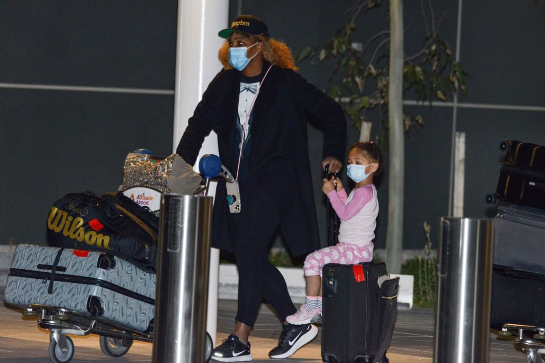 Serena Williams and her daughter Alexis Olympia Ohanian Jnr arrive before heading straight to quarantine for two weeks’ isolation. Photo: AFP