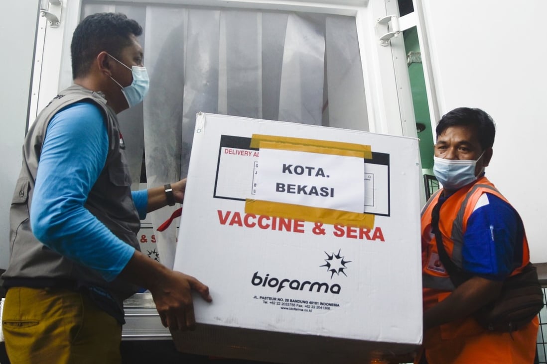 A delivery of Covid-19 vaccines produced by China-based Sinovac Biotech Ltd arrives in Indonesia on Tuesday, to coincide with Chinese Foreign Minister Wang Yi’s visit. Photo: AP