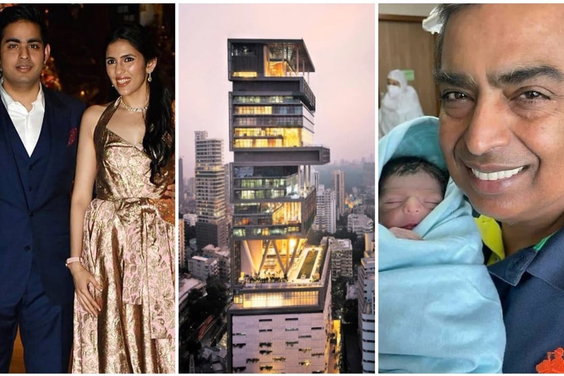 New parents Akash and Shloka Ambani, the Ambani family mansion, and Mukesh with his new grandson, Prithvi. Photos: @shloka_mehta_official; @maria_dashkevich/Instagram