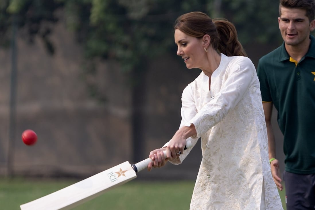 Kate Middleton wore a pair of Oak Leaf hoop earrings from Asprey during her visit at the Pakistan Cricket Academy in Lahore, Pakistan, 2019. Photo: AP