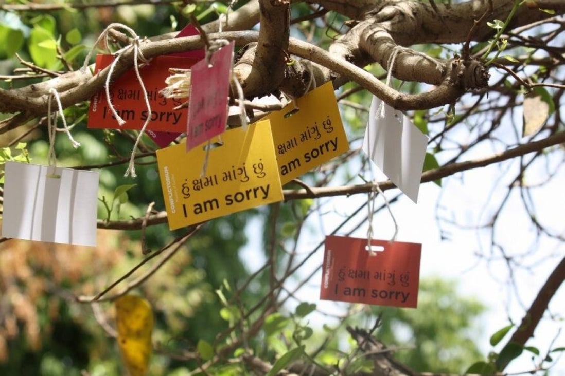 The Sorry Tree at the Conflictorium museum in Ahmedabad, Gujarat, India, where visitors can hang personal notes of apology. It is one of several innovative features of the interactive museum of conflicts. Photo: Conflictorium