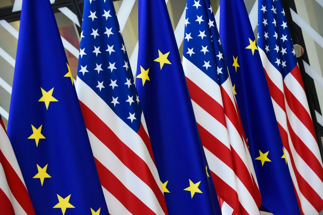 US and EU flags are on display in the EU headquarters in 2017. While there is broad alignment between the US and the EU on China trade issues, there are differences which could complicate the establishment of an effective coalition. Photo: AFP