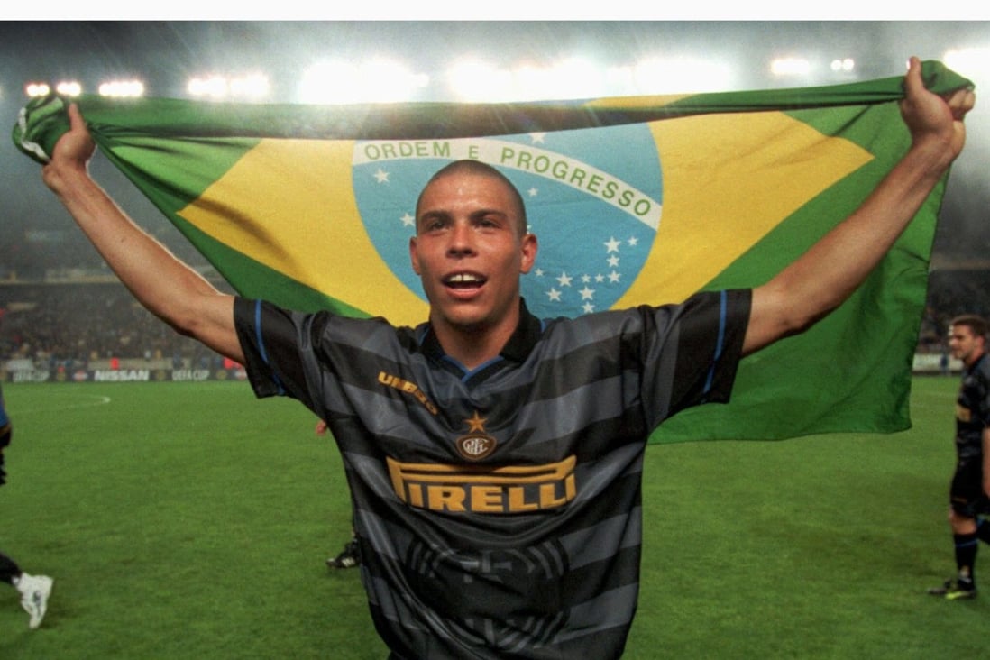 Inter Milan’s Brazilian striker Ronaldo celebrates winning the Uefa Cup in 1998. The Italian side are reported to be changing their name and club crest, with shirt sponsor Pirelli to be replaced by a Chinese company. Photo: Reuters