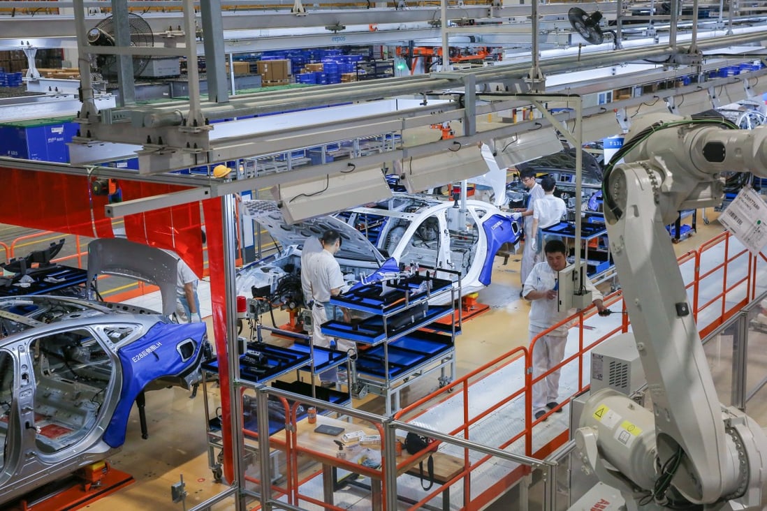 A view of the electric car assembly at Xpeng’s factory in the Guangdong provincial city of Zhaoqing on November 19, 2020. Photo: Iris Ouyang