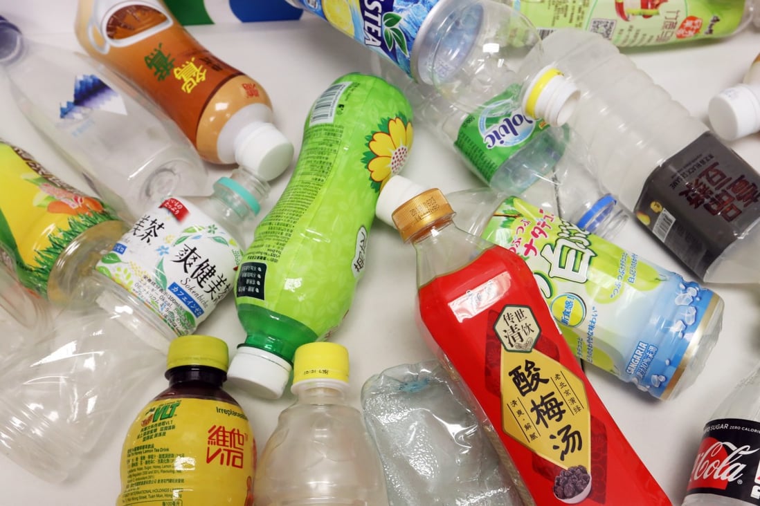 Plastic bottles displayed at a Green Earth press conference on waste plastic bottles found in the Hong Kong and Taiwan coasts, in Kwai Chung in September 2018. In 2019, an average of around 4.84 million PET bottles were disposed of daily at Hong Kong’s landfills, but the recycling rate was less than 1 per cent. Photo: Dickson Lee