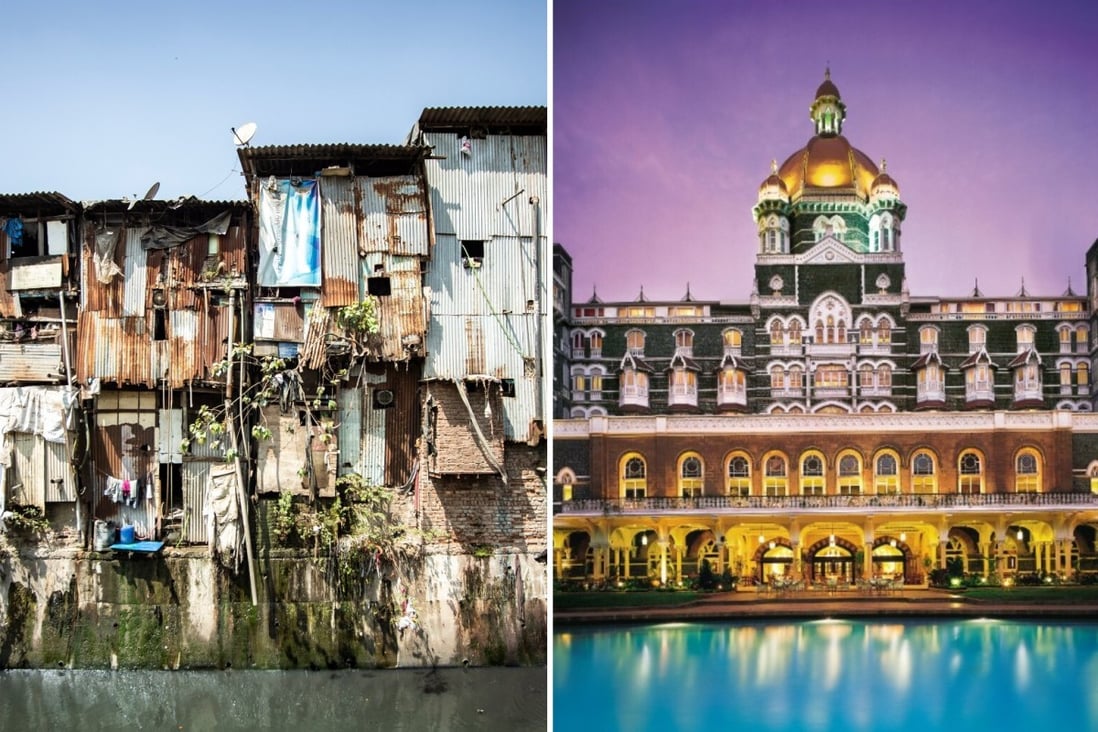 The two sides of Mumbai: the Dharavi shantytown and the glamorous Taj Mahal Palace. Photo: AFP