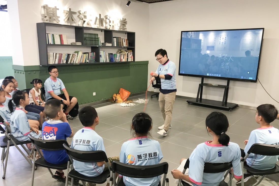 Adam Lai Ka-chi, general manager of Swallow Education, teaching a group of schoolchildren about responding to natural disasters. Photo: SCMP Handout
