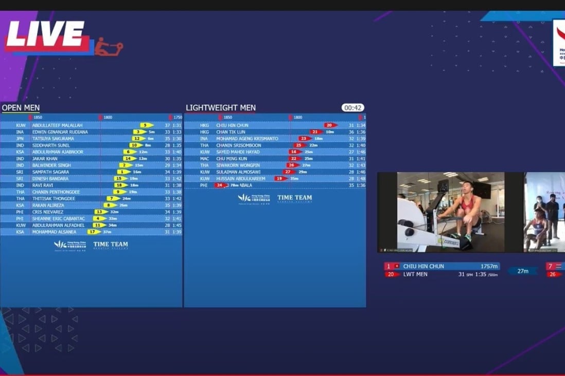 Rowers from around Asia compete in real time via a virtual platform at the Asian qualifiers for the indoor Worlds. Photo: Rowing Association of Hong Kong, China