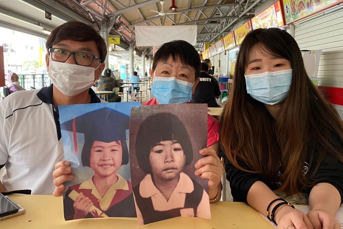 From left: Joseph Tan of Crime Library Singapore, Ang Goon Lay (Lim Shiow Rong’s mother, holding pictures of her) and Lim Jia Hui at a media conference held in front of Ang’s drink stall in Toa Payoh. Credit: Joseph Tan