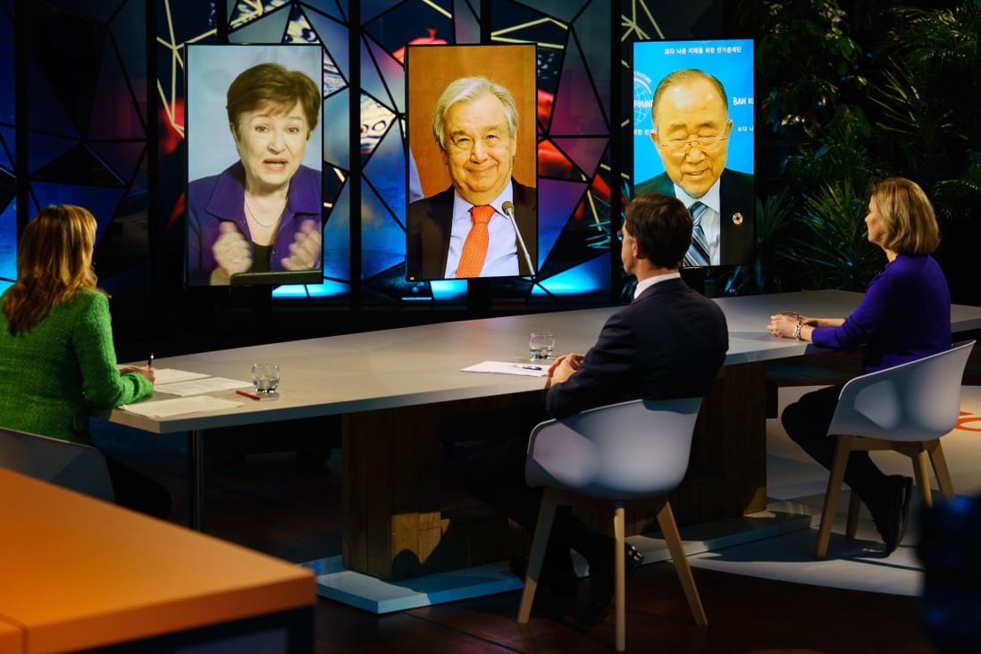From left, IMF managing director Kristalina Georgieva, UN Secretary-General Antonio Guterres and Ban Ki-moon, former UN secretary-general and co-chair of the Global Commission on Adaptation, at the opening session of the Climate Adaptation Summit 2021 via video link. Photo: Xinhua