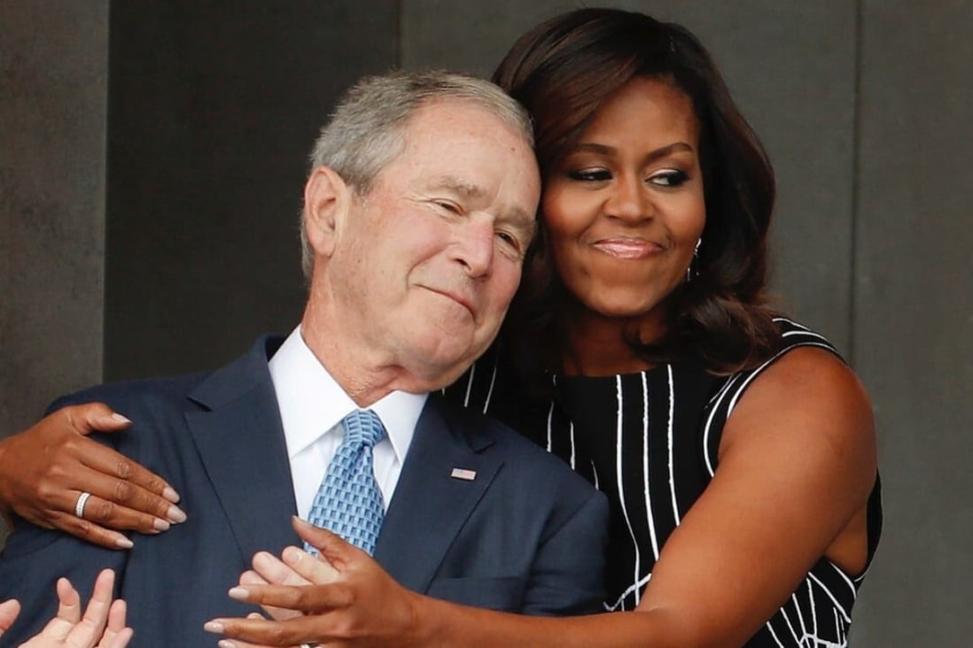 “The hug that went around the world”: former first lady Michelle Obama and President George W. Bush make unlikely besties. Photo: AP