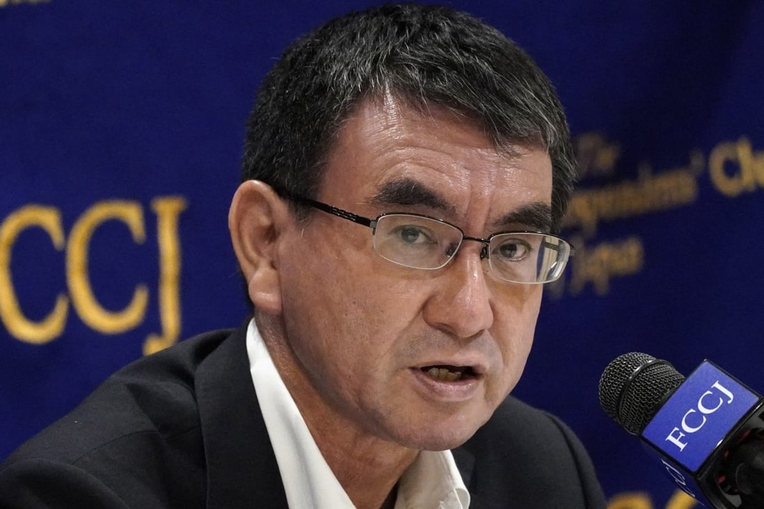 Taro Kono speaks during a press conference at the Foreign Correspondents’ Club of Japan in June last year. Photo: EPA