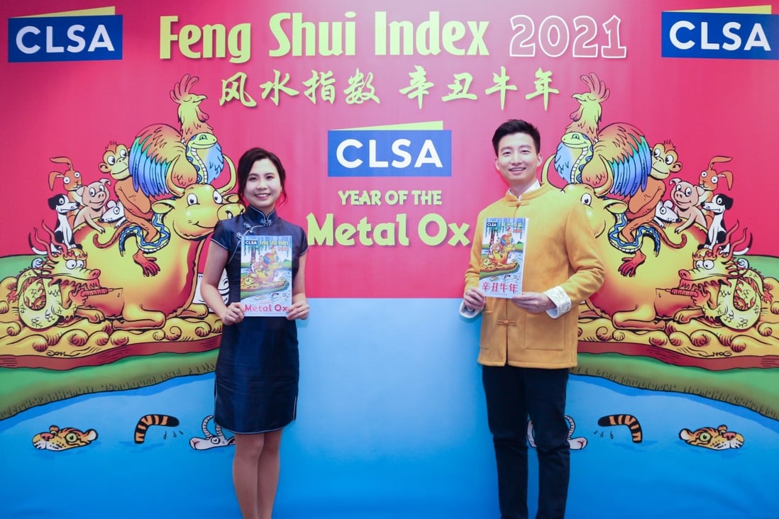 CLSA analysts Jamie Chan (left) and Gabriel Ke unveil the Feng Shui Index on Wednesday. Photo: Handout