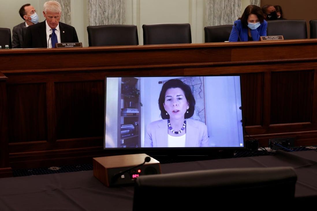 Governor Gina Raimondo of Rhode Island testifying remotely via videoconference during a Senate hearing Tuesday on her nomination to be US secretary of commerce. Photo: Reuters