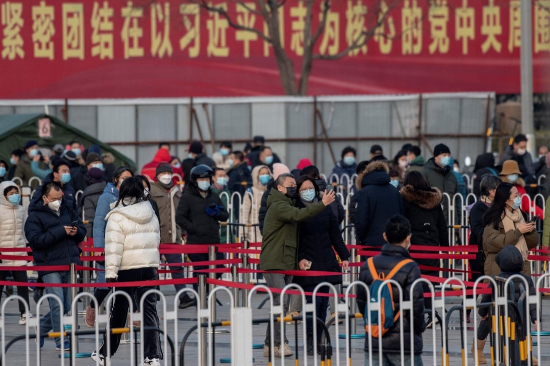 People line up in Beijing to be tested for the coronavirus on Saturday. City officials rushed to eradicate a new local cluster of cases believed to be linked to a more contagious virus variant. Photo: AFP