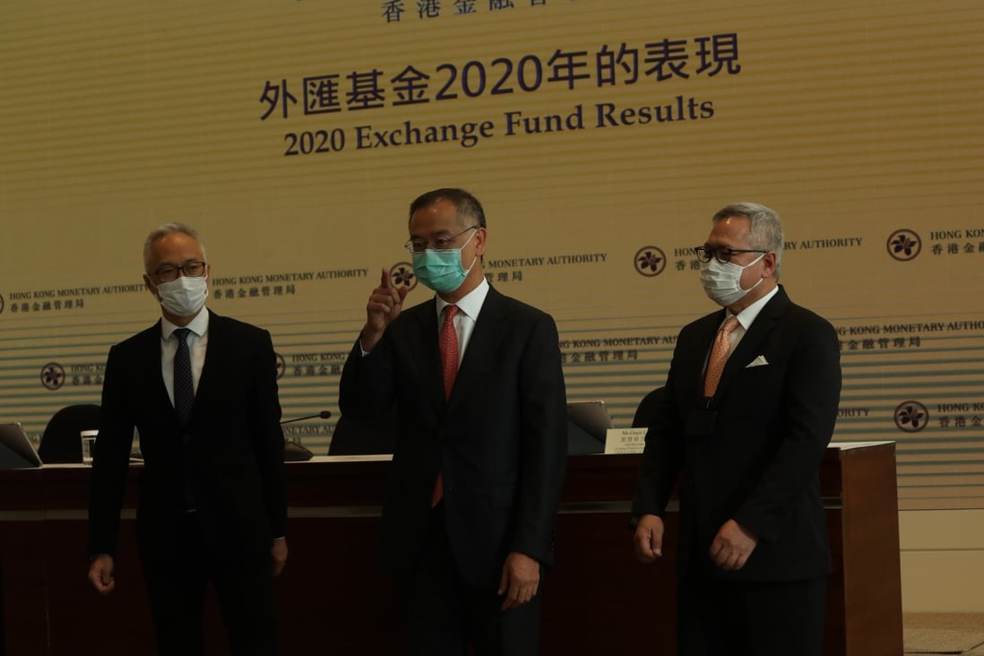 (L to R) Howard Lee, Chief Executive Officer of the Exchange Fund Investment Office; Eddie Yue, Chief Executive of the Hong Kong Monetary Authority; and Francis Chu, Chief Operating Officer of the Exchange Fund Investment Office meet the press in January 2021. Photo: May Tse