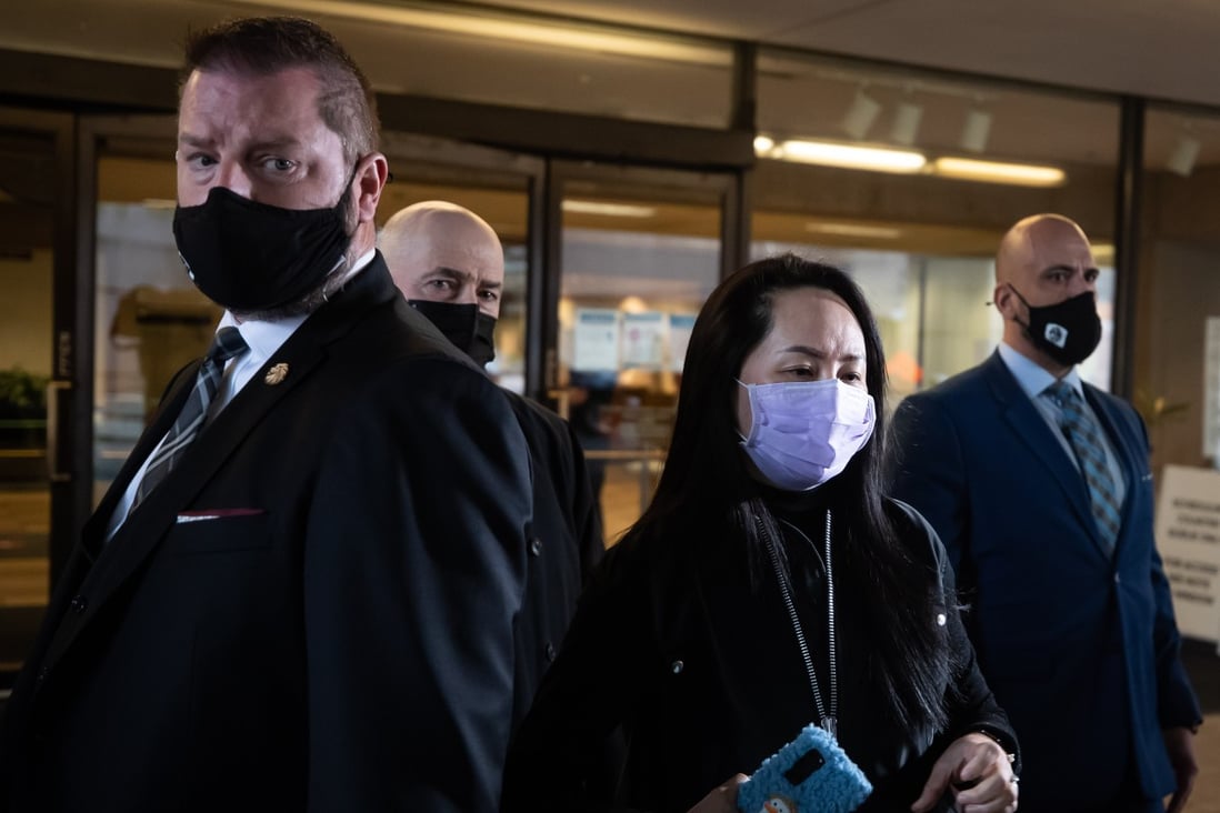Meng Wanzhou, chief financial officer of Huawei Technologies Co. (centre), exits Supreme Court after a hearing in Vancouver, British Columbia, Canada, on Friday. Meng’s request to loosen the bail terms set during her release from jail in 2018 has been rejected, a Canadian judge ruled on Friday, as she fights a US extradition case. Photo: Bloomberg