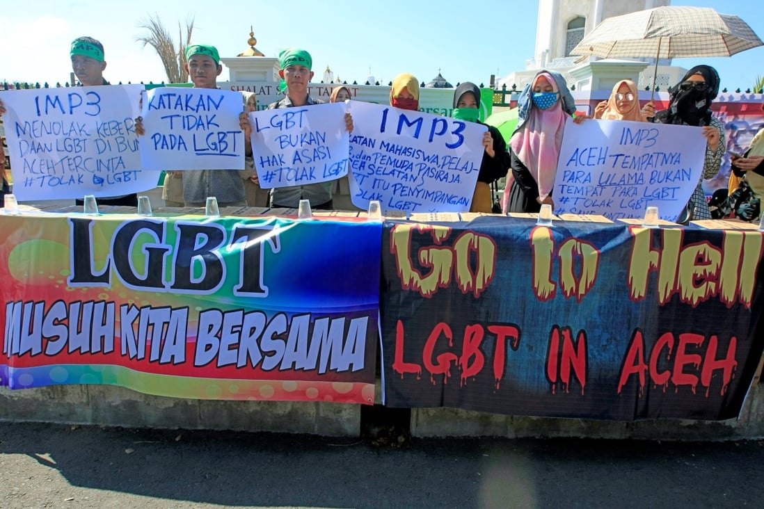 Protesters hold an anti-LGBT rally outside a mosque in Banda Aceh, Aceh province, in 2018. Homosexuality has not been regulated by law in Indonesia, except in Aceh province. Photo: Reuters