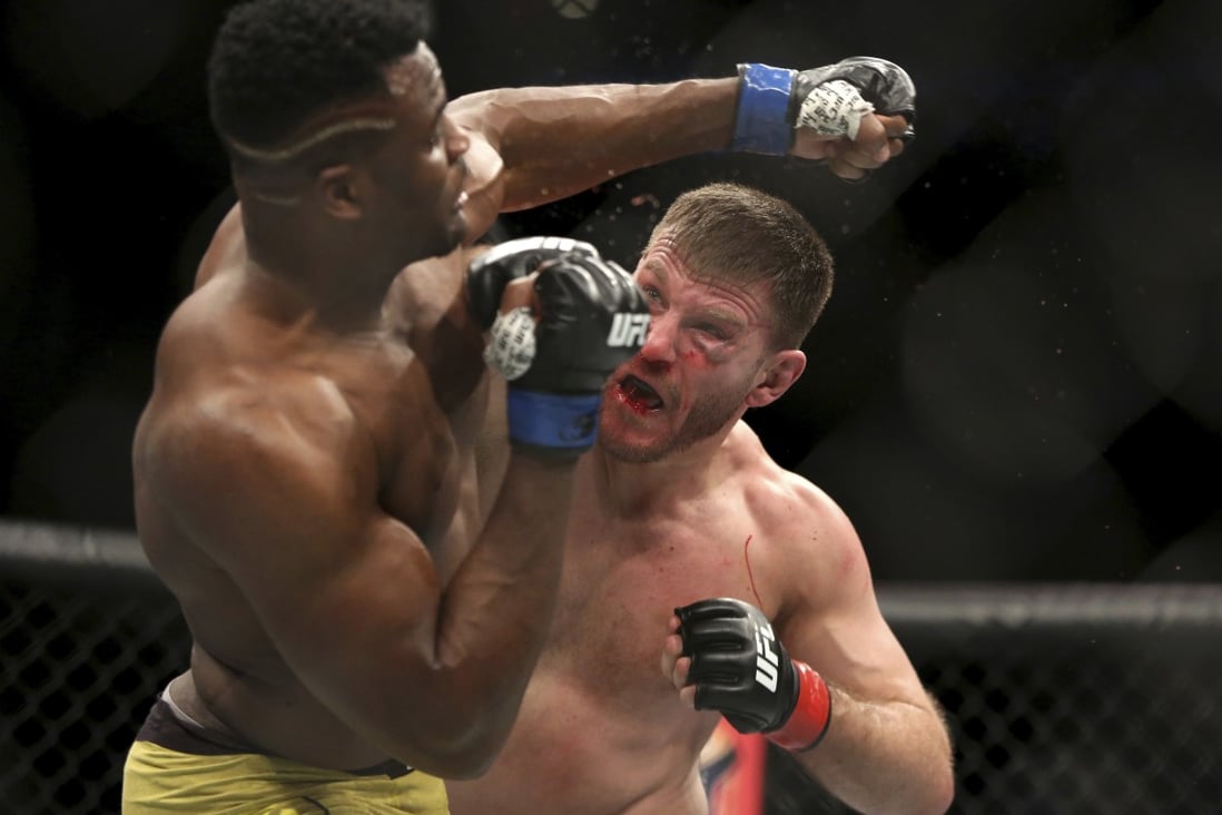 Francis Ngannou has been posting some crazy workout photos of him getting punched in preparation for his rematch with Stipe Miocic. Photo: AP