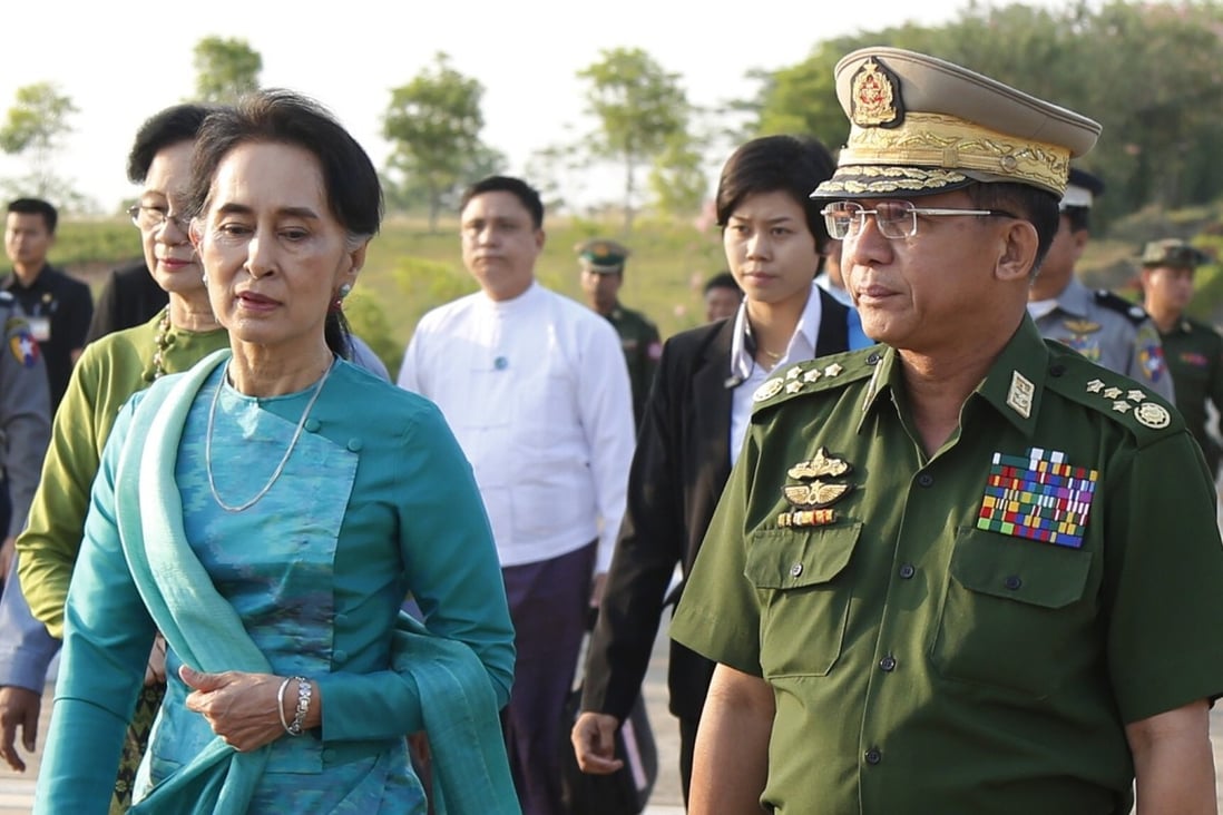 Aung San Suu Kyi and Myanmar’s Senior General Min Aung Hlaing. Photo: EPA