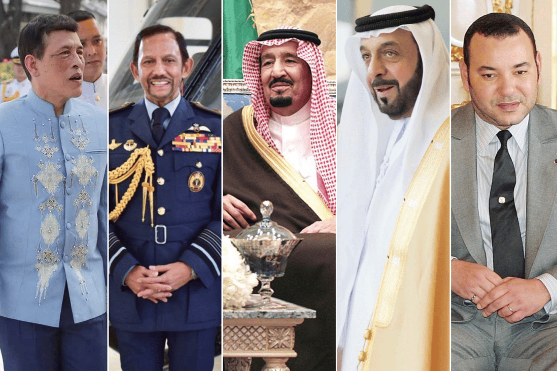 King Vajiralongkorn, Sultan Hassanal Bolkiah, King Salman bin Abdulaziz Al Saud, Sheikh Khalifa bin Zayed Al Nahyan and King Mohammed VI. Photo: @TildaAng, @nurlhaqchaniago, @AviKaner/Twitter, @kb_zayed, @le_roi_mohammed_6/Instagram