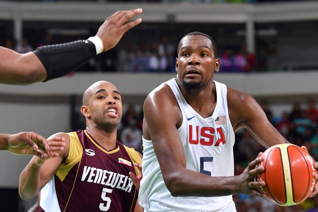 Team USA guard Kevin Durant drives to the Venezuela basket in a group A men’s basketball match at the Rio 2016 Olympic Games. Photo: AFP