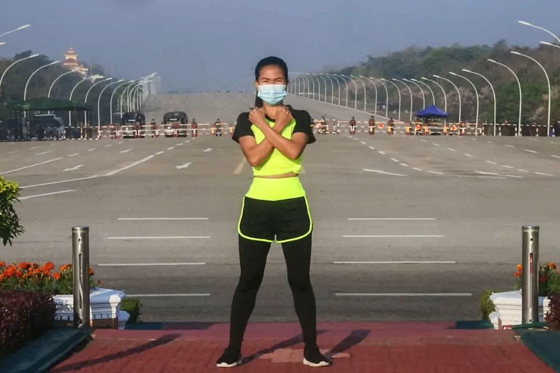 Aerobics instructor Khing Hnin Wai does a dance workout against the backdrop of Myanmar's unfolding military coup. Photo: Facebook