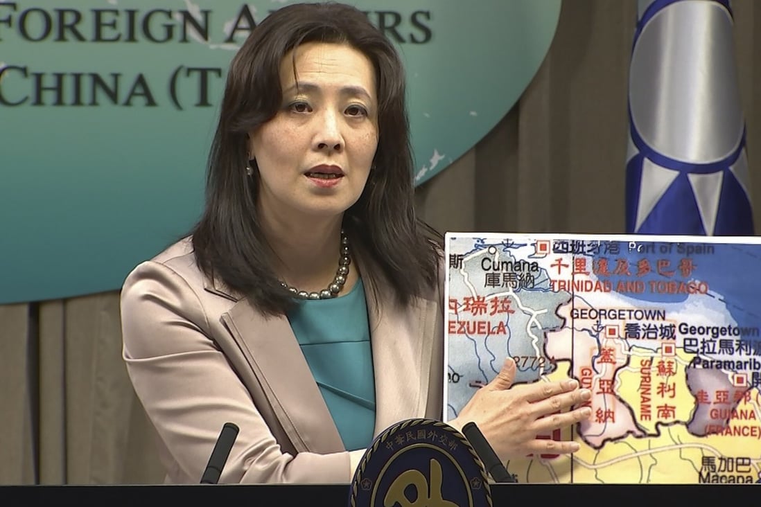 Taiwan’s foreign ministry spokeswoman Joanne Ou shows a map of Guyana at a press conference on Thursday. Photo: AP Photo