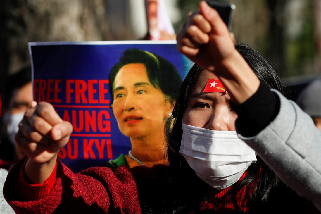 Myanmar nationals living in Japan at a February 3 protest against the military coup. Photo: Reuters