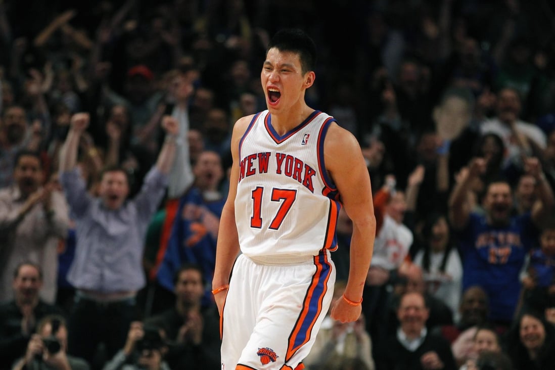 New York Knicks point guard Jeremy Lin reacts after hitting a three-point shot against the Dallas Mavericks in the fourth quarter of their NBA basketball game at Madison Square Garden in New York on February 19, 2012. Photo: Reuters