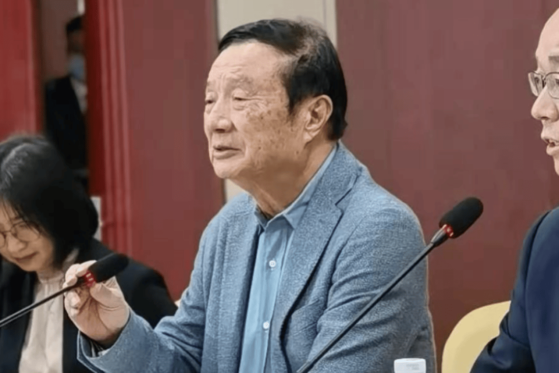 Huawei founder and chief executive, Ren Zhengfei (middle), speaks at an event in Taiyuan on February 9, 2021. Photo: Celia Chen