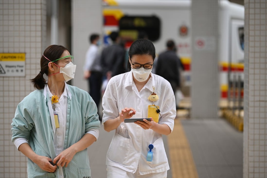 Medical staff outside Princess Margaret Hospital in Hong Kong on February 4, 2020. The city is struggling with a shortage of health care workers. Photo: AFP