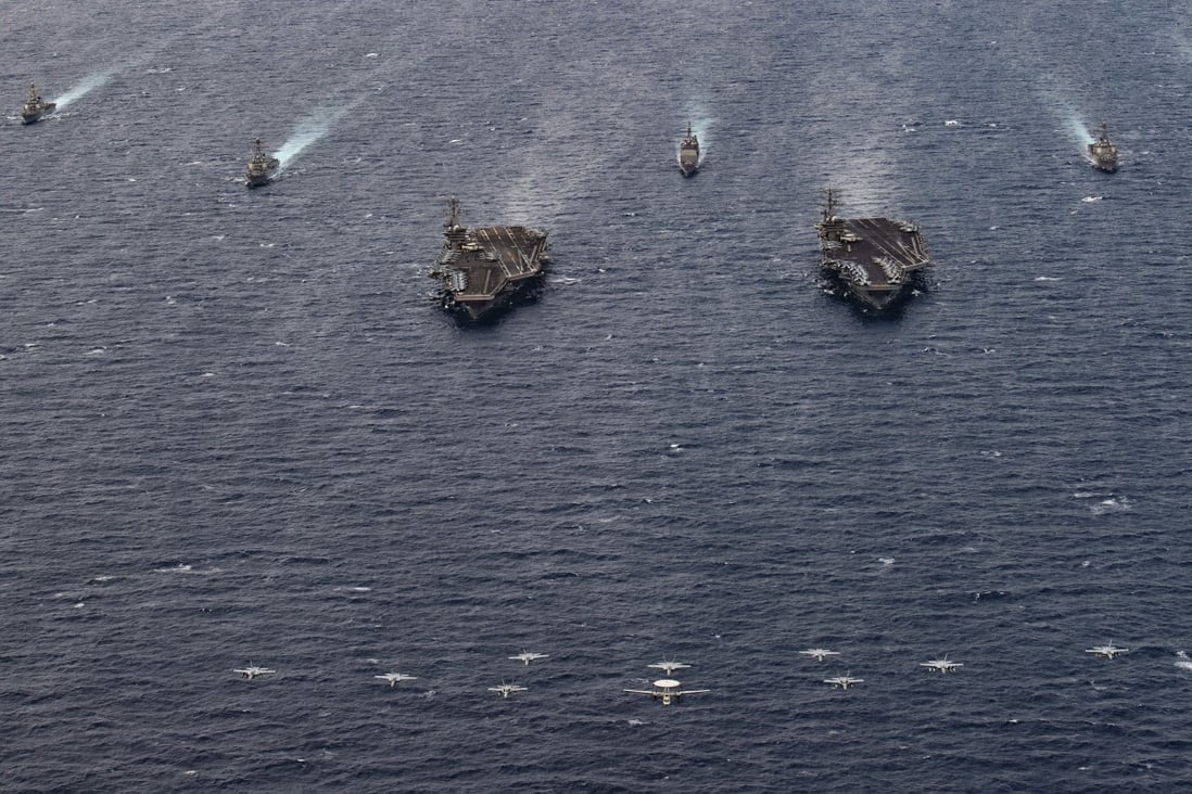 The USS Theodore Roosevelt and USS Nimitz aircraft carrier strike groups carry out joint operations in the South China Sea on Tuesday. Photo: US Navy