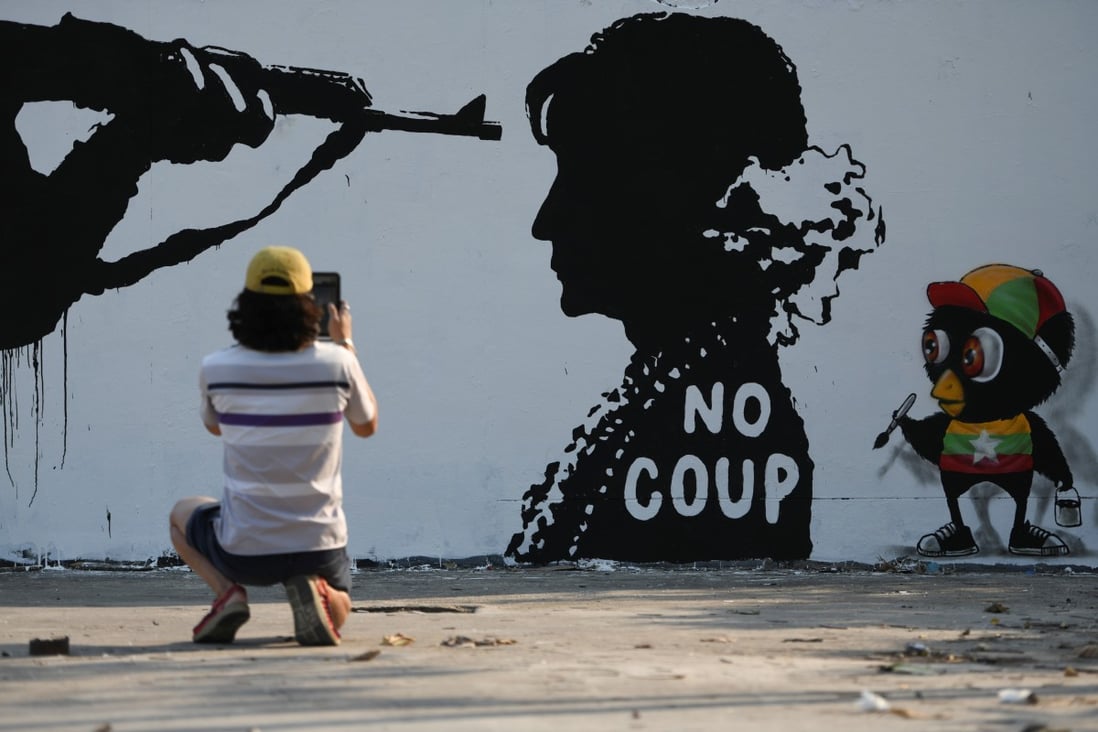 Street graffiti against the military coup in Myanmar popped up in Bangkok this past week. Photo: Reuters