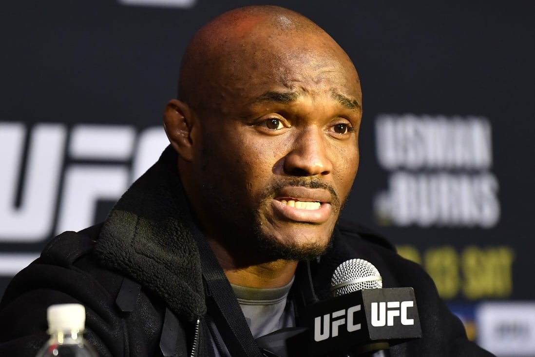 Kamaru Usman speaks during the UFC 258 media day at the UFC Apex on February 10 in Las Vegas. Photo: Chris Unger/Zuffa LLC