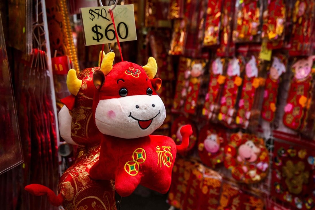 An ox soft toy displayed for sale at a market in Hong Kong on February 11, the eve of the Lunar New Year. Photo: AFP