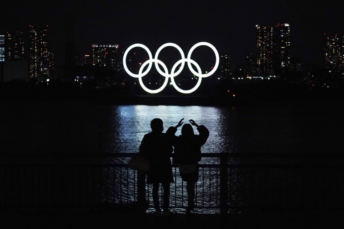 Olympic rings float on the water in the Odaiba section in Tokyo. Photo: AP
